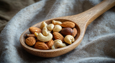 A wooden spoon showcases an assortment of nuts including almonds, cashews, and a pecan. The nuts rest on a soft, textured fabric, emphasizing their natural colors and shapes, perfect for healthy snacking or cooking.の素材