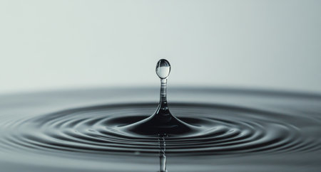 A single water droplet falls into a still body of water, creating circular ripples that spread gracefully across the surface. The clear liquid reflects light beautifully, showcasing a tranquil moment in nature.の素材