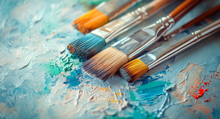 An array of paintbrushes in various sizes rests on a textured palette filled with swirling hues of blue, green, and red. The tools are prepared for artistic expression, showcasing the vibrant colors of creativity.の素材