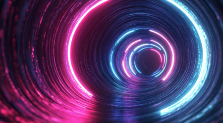 A captivating vortex of vibrant colors swirls endlessly, featuring glowing particles and light effects that create a mesmerizing visual experience in a dark setting, evoking feelings of depth and motion.の素材