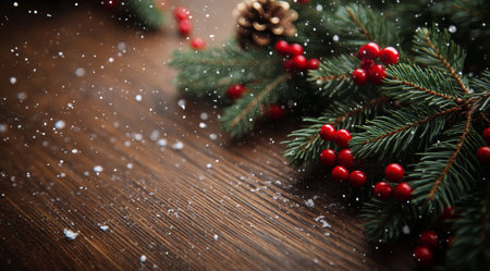 A beautiful arrangement of fresh evergreen branches, pinecones, and bright red berries creates a cozy winter atmosphere on a rustic wooden table. This seasonal display captures the spirit of the holidays.の素材