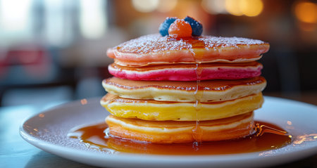 A vibrant stack of pancakes in various colors is topped with a generous drizzle of syrup. The pancakes are layered and dusted with powdered sugar, creating a tempting breakfast display perfect for a comforting morning meal.の素材