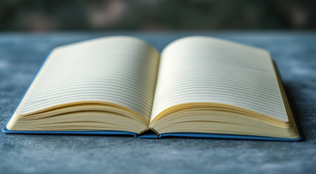 An open notebook lies flat on a rustic wooden surface, showing its blank lined pages. The gentle illumination highlights the texture of the paper and the book's spine, inviting thoughts and creativity.の素材