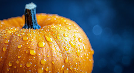 A bright orange pumpkin covered in glistening water droplets sits against a dark backdrop, showing its textured skin and rich color. The freshness is enhanced by the moisture, making it an eye-catching autumn subject.の素材