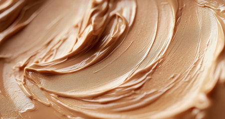 A close-up view reveals the creamy beige foundation elegantly spread across a surface, emphasizing its rich texture and smoothness. The subtle hues create a warm, inviting appearance ideal for makeup application.の素材