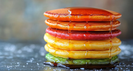 A colorful tower of pancakes in shades of red, yellow, green, and brown, topped with a generous drizzle of syrup. This delicious stack is perfect for a hearty breakfast or brunch, capturing attention with its vibrant hues.の素材