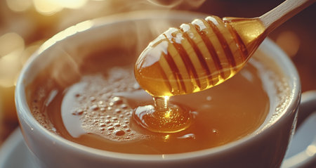 Golden honey pours from a wooden dipper into a rustic bowl, capturing the warm light of the setting sun. Sunflowers add a cheerful touch to the scene, emphasizing the natural beauty of this delightful treat.の素材
