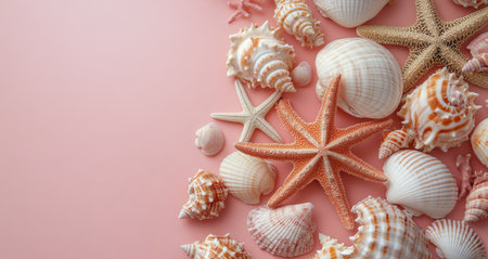An assortment of seashells and starfish are beautifully displayed on a soft pink backdrop. The variety of colors and shapes creates a visually appealing composition perfect for beach lovers and nature enthusiasts.の素材
