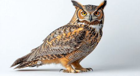 An owl with striking features and prominently spread wings creates a captivating sight in a snowy environment. Its piercing eyes watch keenly, embodying the essence of nature's beauty and grace at dawn.の素材