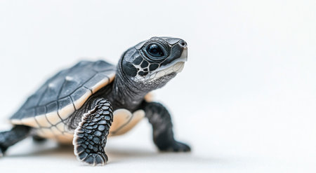 A small turtle crawls slowly across a smooth, light-colored surface, showing its delicate features and unique shell patterns while it investigates its surroundings with curiosity.の素材