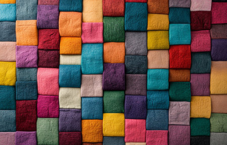 A collection of colorful felt squares is arranged in an eye-catching patchwork pattern, showing various hues. This textile display is perfect for craft enthusiasts looking for inspiration.の素材