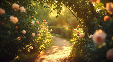 A tranquil garden path is bordered by blooming roses, bathed in warm sunlight during the early evening. The vibrant colors and lush greenery create a serene atmosphere.の素材