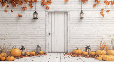 Vibrant autumn leaves hang alongside rustic lanterns outside a white brick wall, complemented by clusters of orange pumpkins adorning the wooden floor, creating a cozy seasonal atmosphere.の素材