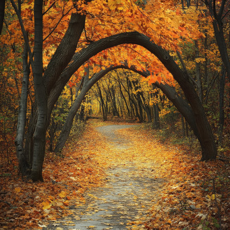 The winding path leads through a beautiful autumn forest, where golden and red leaves blanket the ground, showing the brilliant colors of foliage on trees in the tranquil setting.の素材