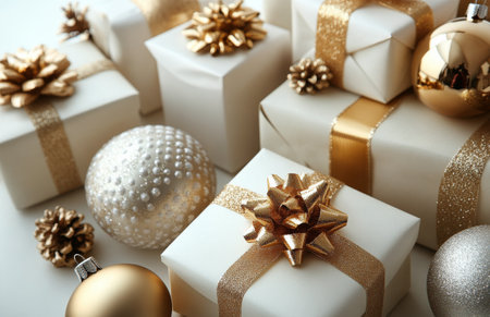 Decorative presents wrapped in gold and white are arranged elegantly with shiny Christmas ornaments and natural greenery. The soft sparkle of festive elements creates a warm and cheerful holiday ambiance.の素材