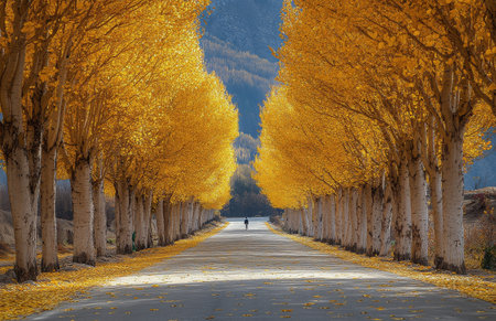 A lone figure strolls along a tranquil pathway flanked by rows of bright yellow trees. The ground is covered in fallen leaves, creating a stunning autumn backdrop that captivates with its rich colors and serene atmosphere.の素材