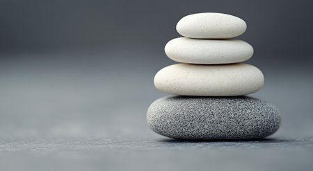 Four smooth stones are stacked in a balanced formation on a serene gray surface, showing harmony and simplicity. The arrangement evokes a sense of calmness and mindfulness, perfect for relaxation or meditation.の素材