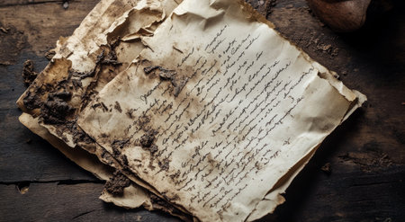 Handwritten letters lie on a rustic wooden table, showing signs of age and deterioration with dirt smudges. The delicate script reflects a personal story waiting to be uncovered.の素材