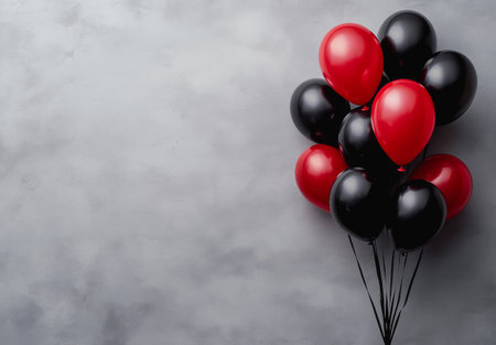 Balloons in vibrant red and classic black are clustered together with thin strings, creating a festive display against a neutral gray backdrop, perfect for parties or special occasions.の素材