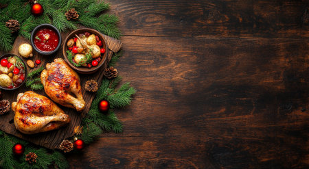 A beautifully arranged festive dinner featuring a roast chicken, various side dishes, and seasonal decorations on a rustic wooden table, perfect for holiday celebrations.の素材