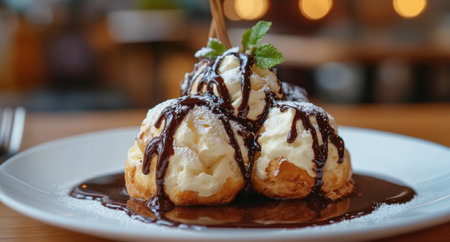 Three scoops of vanilla ice cream are drizzled with rich chocolate sauce and topped with whipped cream. Mint leaves garnish the dessert, presented in a warm and inviting restaurant setting.の素材