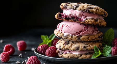 A tempting stack of chocolate chip cookies holds a scoop of raspberry ice cream, garnished with fresh mint leaves. Surrounded by raspberries and chocolate chips, this dessert looks delicious.の素材