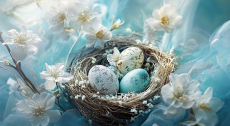 Colorful Easter eggs rest peacefully in a natural nest adorned with delicate white flowers on a calming blue backdrop, evoking a sense of spring and renewal during the festive season.の素材
