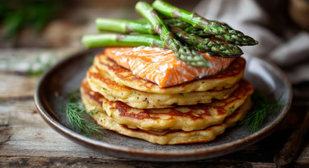 A stack of crispy potato pancakes topped with fresh salmon and asparagus, all beautifully garnished with herbs, set against a warm rustic background.の素材