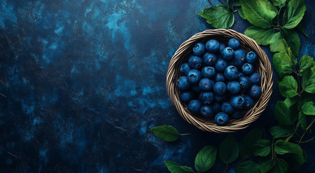 A woven basket filled with fresh blueberries rests on a dark textured surface, surrounded by vibrant green leaves, highlighting the rich colors of the fruit and background.の素材