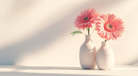 Two elegant white vases hold vibrant pink gerbera daisies, creating a cheerful and inviting atmosphere with a soft pastel backdrop, perfect for decoration or floral arrangements.の素材