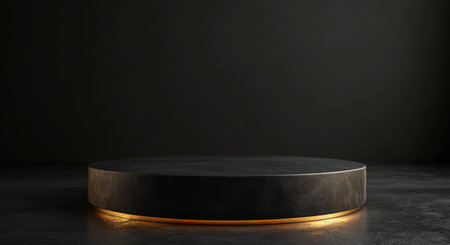 A circular pedestal stands prominently against a dark background, illuminated by a soft glow along its base, creating an atmospheric and modern display space.の素材