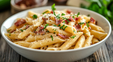 A delicious plate of creamy penne pasta topped with crispy bacon pieces and garnished with fresh herbs offers a hearty option for lunch or dinner. This dish highlights rich flavors.の素材