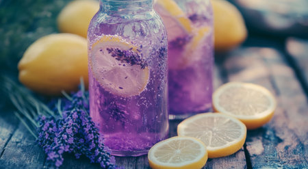 Glass bottles filled with vibrant lavender lemonade sit on a rustic wooden surface, accompanied by fresh lemon slices, creating a refreshing and colorful summer beverage display.の素材
