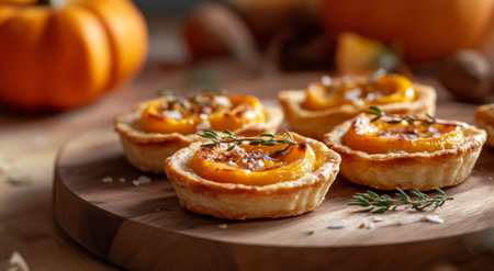 Four mini pumpkin tarts topped with nuts are beautifully arranged on a wooden board. The setting includes charming autumn decorations like pumpkins and pine cones, creating a cozy atmosphere.の素材