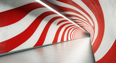 A unique geometric hallway features bold red and white stripes that create an illusion of depth, guiding the viewer's gaze toward the vanishing point at the end of the corridor.の素材