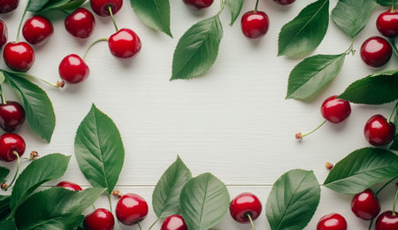 Vibrant red cherries are scattered across a white wooden surface, adorned with fresh green leaves creating a natural border, showing the beauty of fresh summer produce.の素材