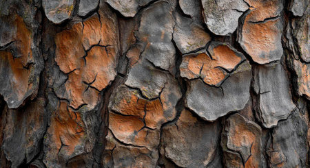 The bark of a tree displays intricate patterns of cracked, charred surfaces, revealing shades of black and brown. This surface highlights the impact of fire in a forest ecosystem.の素材