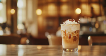 A refreshing iced coffee with layers of cream and chocolate shavings sits on a rustic wooden table in a warm cafe. Background lights create a welcoming atmosphere for coffee lovers.の素材