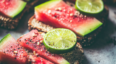 Slices of whole-grain bread are topped with creamy avocado and vibrant watermelon, garnished with fresh lime for a refreshing twist, creating a colorful and healthy snack.の素材