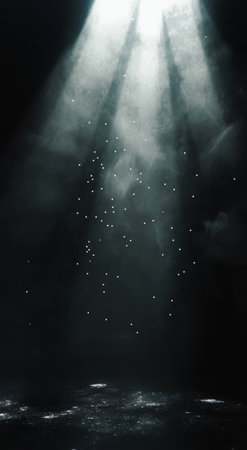 A serene atmosphere is created by beams of light piercing through a dark environment, illuminating tiny particles that appear to float gracefully in the air, suggesting tranquility and mystery.の素材