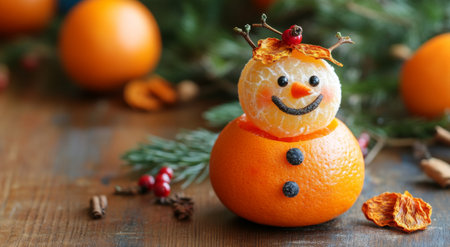 A playful snowman crafted from snow sits inside a hollowed orange, adorned with twigs, a carrot nose, and seasonal decorations, embodying festive winter cheer.の素材