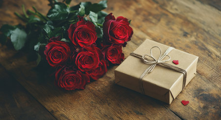 A bouquet of vibrant red roses accompanies a neatly wrapped gift box, all placed on a rustic wooden table. The arrangement creates a warm and inviting atmosphere perfect for celebrations.の素材