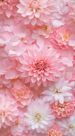 A delicate collection of pink flowers creates a harmonious display, featuring dahlias, peonies, and other blossoms nestled together against a soft background, exuding tranquility and beauty.の素材