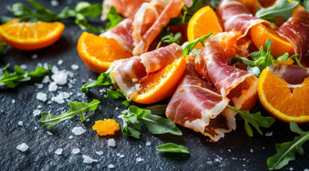 A carefully arranged platter features thin slices of prosciutto paired with juicy orange segments. Fresh herbs are scattered around, adding vibrant color and flavor to the dish.の素材