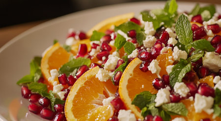 A vibrant mix of juicy orange slices topped with bright red pomegranate seeds and fresh mint leaves creates a colorful dishの素材