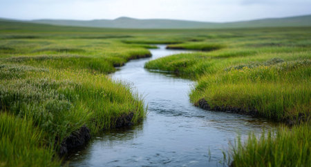 A vibrant meadow filled with blooming white flowers stretches alongside a gently flowing river. The landscape features rolling hills under a mix of clouds and blue sky, indicating springtime.の素材