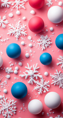 Bright red, white, and blue ornaments coated in snowflakes are scattered across a pink backdrop, capturing the essence of winter festivities and holiday cheer.の素材
