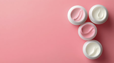 Four jars of skincare creams in pink and white hues are placed neatly on a smooth pink surface. The arrangement highlights the creamy textures and inviting colors, perfect for a beauty or self-care theme.の素材
