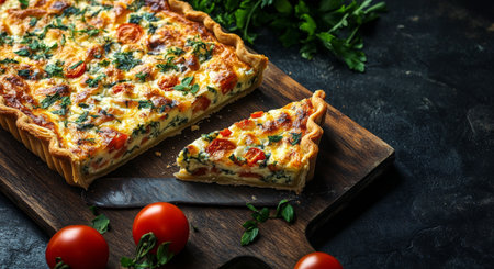 A delicious vegetable tart is sliced and displayed on a wooden board. The tart features vibrant greens, tomatoes, and herbs, creating a colorful and appetizing dish, perfect for a light meal or appetizer.の素材