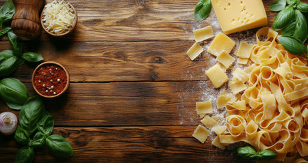 A variety of fresh ingredients are arranged on a rustic wooden table, featuring pasta, tomatoes, cheese, spices, and basil. The vibrant colors and textures create an inviting atmosphere for preparing a hearty meal.の素材